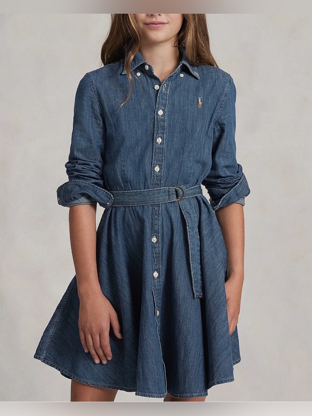 Polo Ralph Lauren Girls Denim Shirt Dress with Belt (Size: 14)